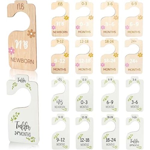 RETON 16 PCS Baby Closet Dividers with 2 Style Design, Double-Sided Wooden Baby Size Clothes Hanger Organizer for Baby Nursery Decor from Newborn to Toddle 24 Months Girl and Boy