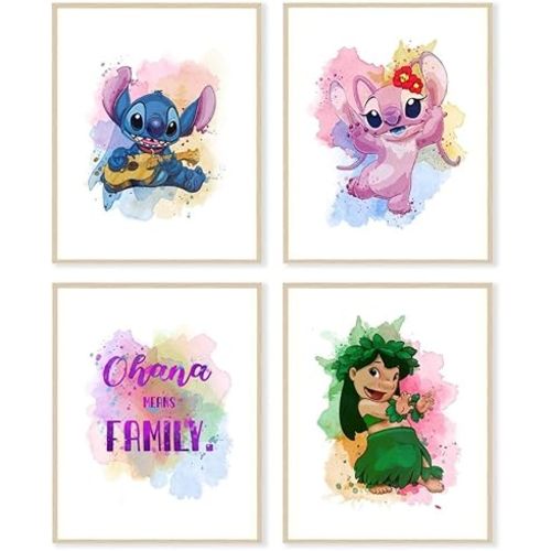 Lilo & Stitch Watercolor Wall Art Prints, 8x10 inches, Set of 6, Unframed, Portrait, Multicolor