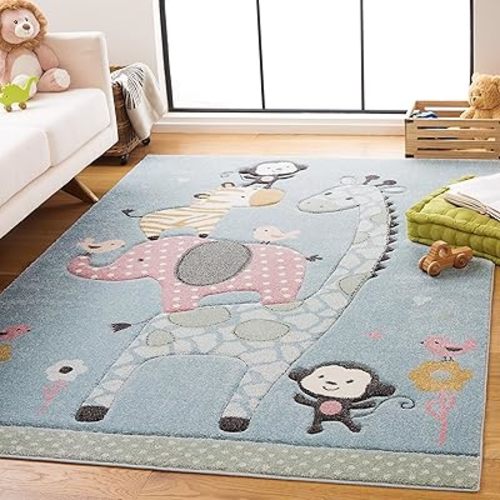 SAFAVIEH Carousel Kids Collection Area Rug - 5'3" Square, Blue, Animal Design, Ideal for High Traffic Area for Boys & Girls in Playroom, Nursery, Bedroom (CRK120K-5SQ)