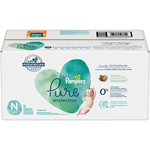 Diapers Size 0/Newborn, 76 Count - Pampers Pure Protection Disposable Baby Diapers, Hypoallergenic and Unscented Protection, Super Pack (Packaging & Prints May Vary) - 76 Count (Pack of 1)