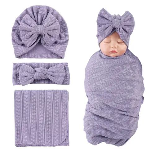 OMUKY Newborn Receiving Blanket Bow Headband and Beanie Set Baby Swaddle Receiving Blankets Baby Boy Girls Nursery Swaddle Wrap(Purple)