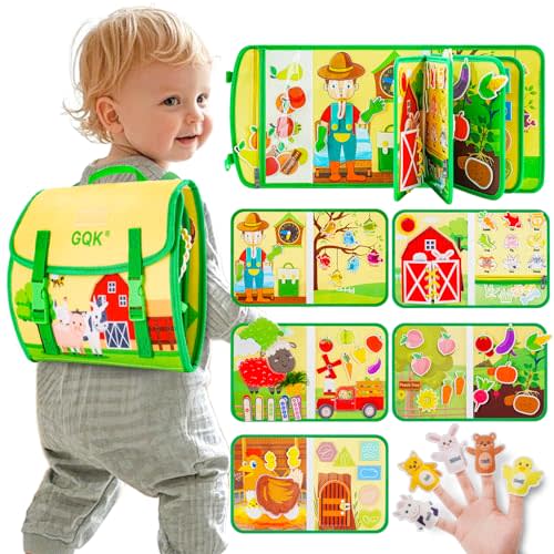 Busy Book for Toddlers 1 2 3 4 Ages, Montessori Sensory Busy Board Backpack Travel Toys, Farm 20 in 1 Quiet Activity Books for Toddlers 1-3 Year Old Boys Girls Educational Learning Gift (Green/P10)