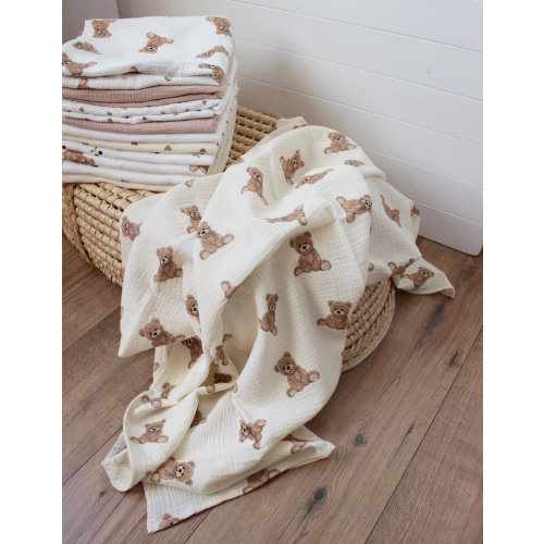 Teddy Bear Cotton Blanket, Teddy Bear Nursery Decor Soft 2-layer Muslin Cotton Blanket, baby muslin swaddle, New Baby Shower Gift