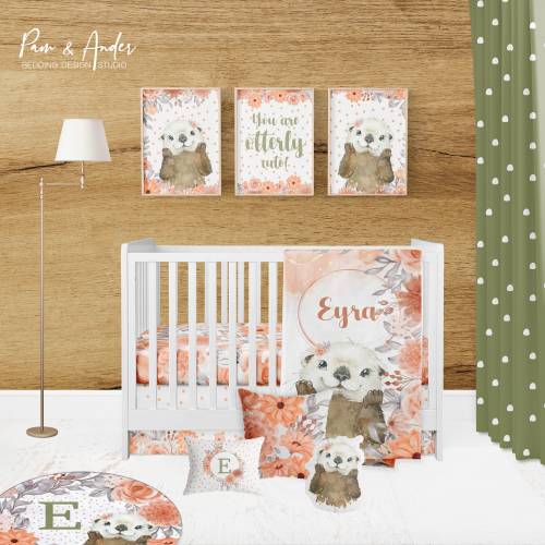 Otter crib bedding set, personalized girl crib bedding set, floral crib bedding, otter baby bedding, girl nursery bedding, baby&nbsp;bedding