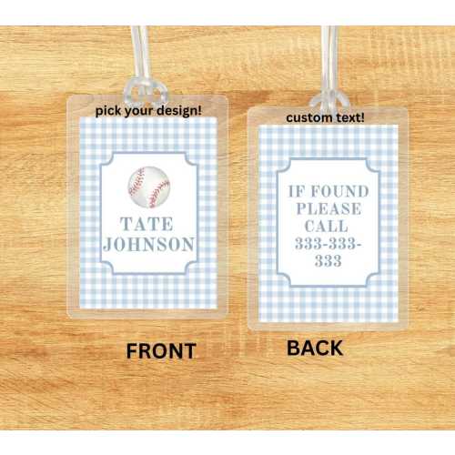 Personalized sports Bag Tag Blue Watercolor Gingham Back to School Backpack Tag Laminated Baby Boy Diaper Bag Tag Kid Tag Blue Green Dino