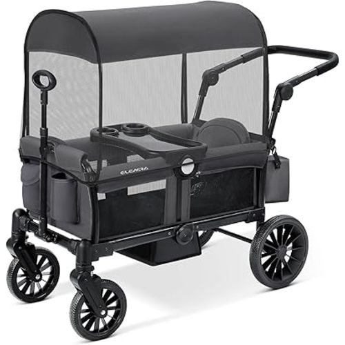 ELEMARA Foldable Wagon Stroller, Stroller Wagon for 2 Kids, Premium All Terrain Wagon for Kids with Removable Canopy, Adjustable Push/Pull Handle, Harnesses, Large Storage Bag, Gray