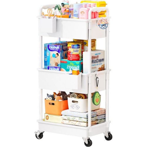 SUNALLY Baby Diaper Caddy Cart, 3 Tier Rolling Diaper Cart with Lockable Wheels for Nursery Essentials, Large Capacity & Easy Assemble Diaper Storage Organizer for Newborn,New Mom, White