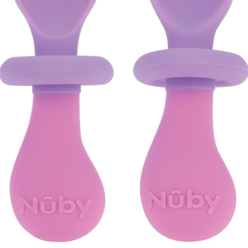Nuby First Fork and Spoon Set - Utensils with Safety Guards for Babies 6+ Months - Purple and Pink