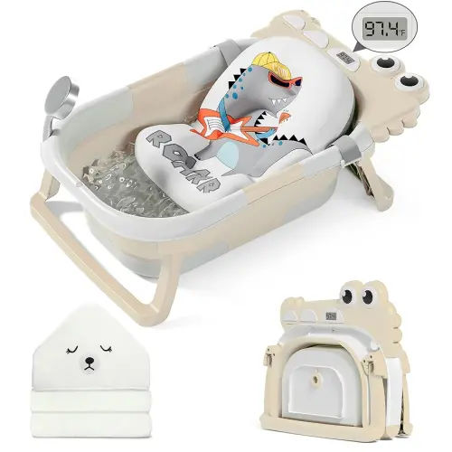 MoreFeel Collapsible Baby Bathtub for Newborn with Thermometer & 1 Hooded Towel & 1 Soft Floating Cushion,Portable Travel Bathtub with Drain Hole, Durable Foldable Baby Tubs for Infants to Toddler
