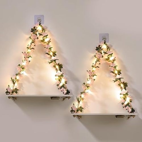 Floating Shelves for Wall No Drilling,Wall Dcorations Art,Hanging Shelf,Leaves and Light Strip with Flower,Set of 2 Plant Decor for Home House Livingroom Bedroom Officer,Boho Decor,Gifts for Woman