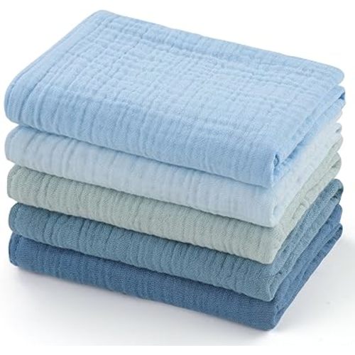 MUKIN Baby Washcloths,Muslin Burp Cloths Towels for Newborns,Absorbent Cotton Bath Face Towel ，5 Pack, 12x12 Inches (Glacier Mist)