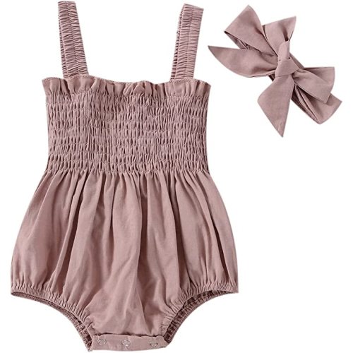 Newborn Baby Girl Bodysuit Sleeveless Halter Frill Romper One-piece Jumpsuit with Headband Summer Clothes Set - Pink Solid - 0-3 Months