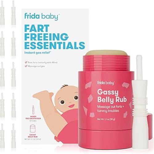 Frida Baby Fart Freeing Essentials | Includes Windi and Gassy Belly Rub for Safe, Natural, and Instant Gas Relief for Infants and Babies