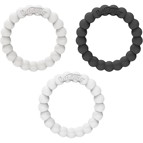 Dr. Brown's Flexees Beaded Teether Rings, 100% Silicone, Soft & Easy to Hold, Encourages Self-Soothe, 3 Pack, Black, White, Gray, BPA Free, 3m+