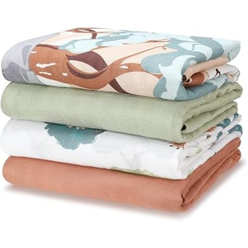 Muslin Swaddle Blankets, Nursery Receiving Blankets for Girls & Boys, Soft & Breathable Baby Muslin Swaddle, Large 47 x 47 inches, New Born Essentials, 4 Pack, Wonder Grassland