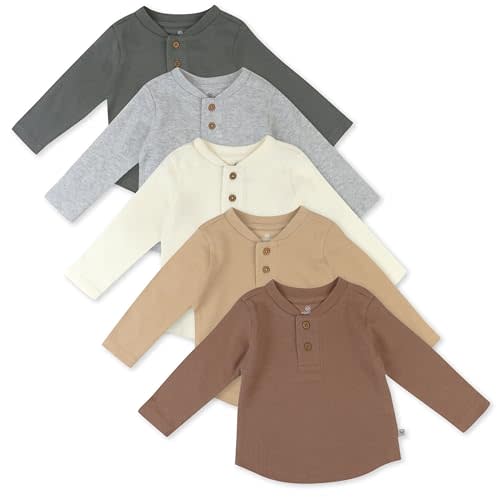 HonestBaby 5-Pack Waffle Henley Long Sleeve Shirts 100% Organic Cotton for Infant Baby and Toddler Boys, Unisex