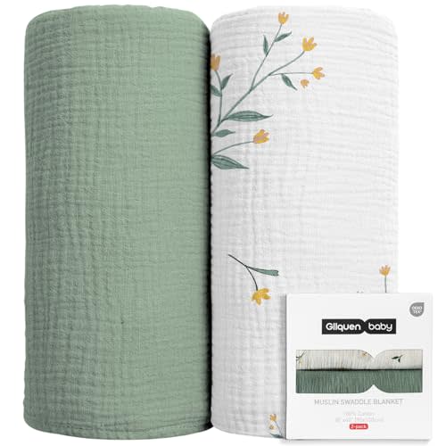 GLLQUEN BABY 2-Pack Muslin Swaddle Blankets for Unisex, Baby Swaddle Blanket for Boys and Girls, Soft Breathable Receiving Blankets Neutral, Newborn Essentials, Registry & Gift, 40 x 38 inches