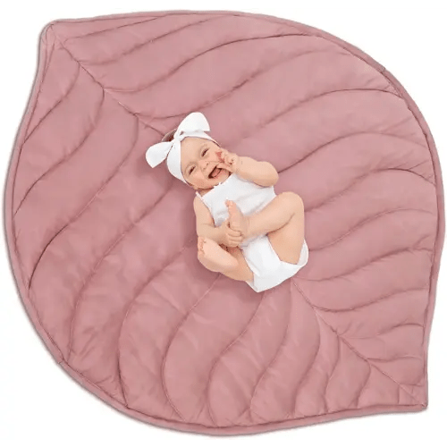 Funtery Baby Play Mat 56 x 42 Inch Cotton Crawling Cushion Cotton Nursery Rug Large Thick Soft Reversible Washable Folding Floor Playpen Mat Nursery Decor Rug for Girls Boys(Pink,Leaf)