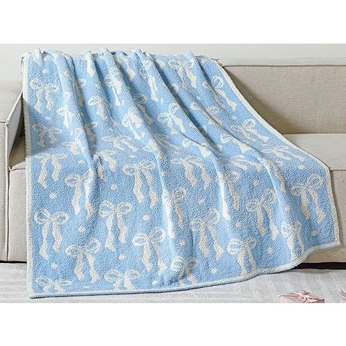 Buryeah Blue Bow Blanket Soft Microfiber Throw Blanket Bow Blanket Preppy Plush Bedding Stuff Coquette Aesthetic Blanket Room Decor Gifts for Women Couch Sofa Bed, 50"x60"