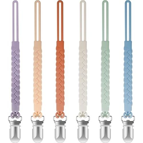 Silicone Pacifier Clips for Baby Boys and Girls, Woven Rope Flexible Design, Pacifier Holders for Teething Relief and Baby Essentials, Safe for Newborns (6 Pack)
