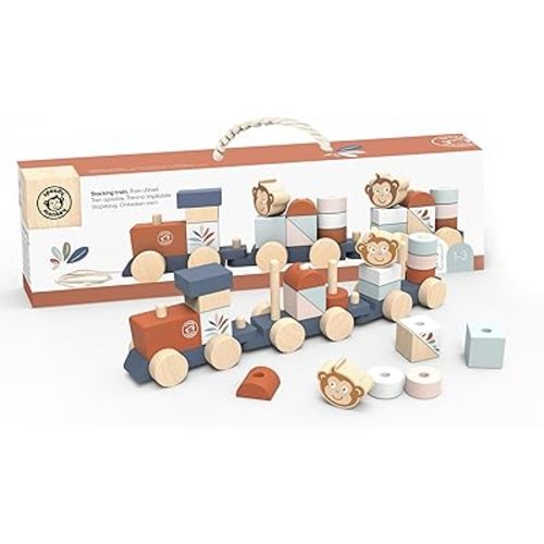 Wooden Pull-Along Train Stacker – Soft Colors, Monkey Character, Stacking Blocks, Build Houses | Non-Toxic Paint, Creative Fun, Ideal for Kids 1 Year+, Educational Toy for Toddlers.