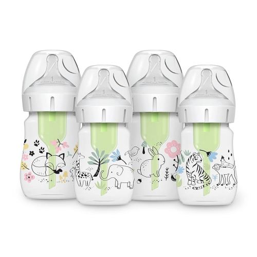 Dr. Brown’s Natural Flow® Anti-Colic Options+™ Wide-Neck Baby Bottle Designer Edition Bottles, Jungle and Woodland Design, 5 oz/150 mL, Level 1 Nipple, 4-Pack, 0m+