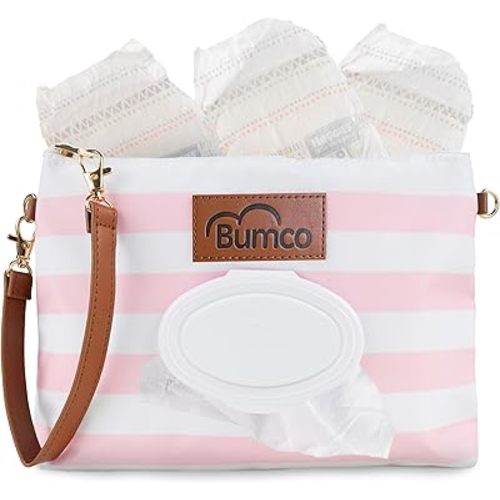 Bumco Diaper Clutch Bag with Refillable Wipes Dispenser - Water Resistant, Lightweight Diaper Pouch with on the go Wipes Dispenser, Portable Baby Wipe Dispenser, (Pink Stripes)