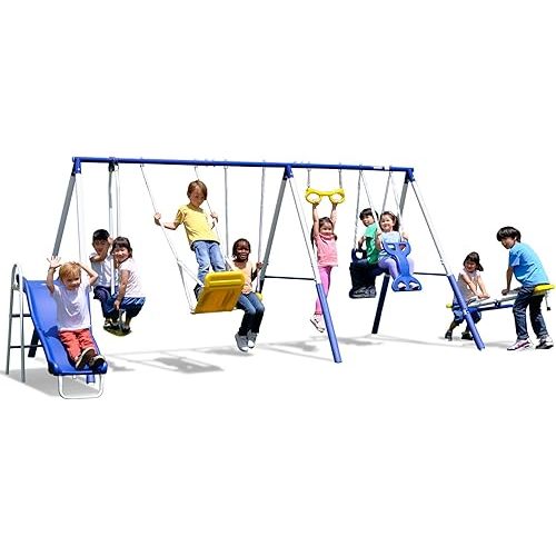 Sportspower Super 9 Metal Swing Set: Teeter Totter, 2 Kid Glide Ride Swing/Roman Glider Swing, Standing Swing + Trapeze Bar, Blow Molded Swing + 5' Wavy Slide Bonus 4pc Anchor Kit*, Blue/Yellow