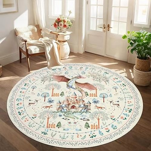 nesrt Washable Dragon Area Rugs for Living Room 6Ft Round, Beige Soft Modern Bedroom Rugs Non Slip, Thin Animal Print Forest Dining Room Floor Carpets for Kids Nursey Playroom Home Office Decor