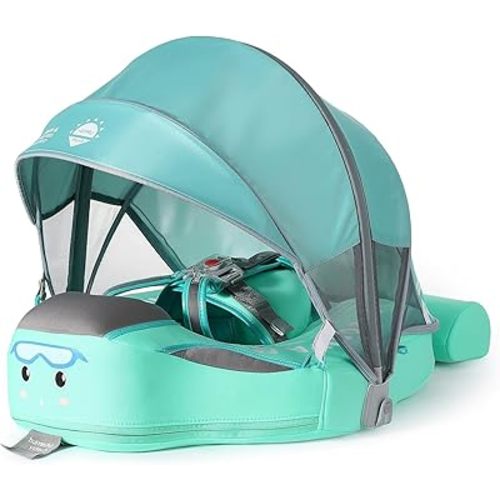 2025 New Mambobaby Baby Float with Removable UPF 50+ Sun Protection Canopy, Waterproof & Skin-Friendly Infant Swim Float for Ages 3-24 Months, Non-Inflatable Pool Float with Tail, Baby Green
