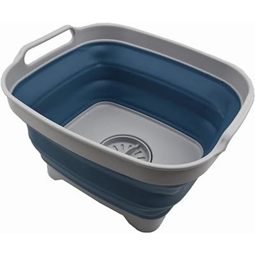 SAMMART 7.5L (2 Gallons) Collapsible Dishpan with Draining Plug - Foldable Washing Basin - Portable Dish Washing Tub - Space Saving Kitchen Storage Tray (Grey/Steel Blue, 1)