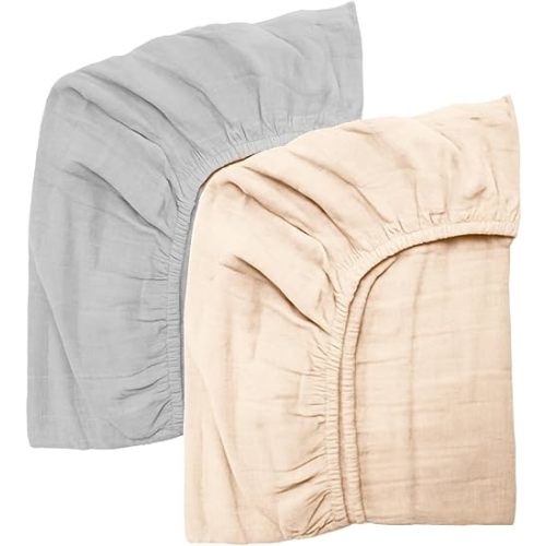 Salt Earth 100% Organic Cotton Muslin Standard Fitted Crib Sheet, 52"x28", 2 Pack Soft Breathable Natural Cotton Sheets Baby Mattress Bed Sheets, No Slip Neutral Baby Crib Sheet (Beige & Silver)