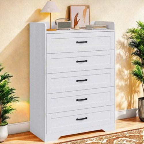 Dressers for Bedroom, 5 Drawers Dresser with Textured Metal Handles, Wood Storage Cabinet for Living Room, White