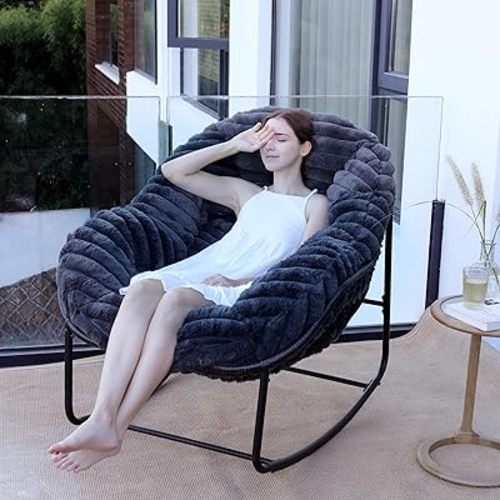 Outdoor Rocking Chair, Patio Wicker Egg Chair, Indoor Comfy Oversized Papasan Chair with Padded Cushion, Royal Rattan Rocker for Front Porch, Garden, Patio (Dark Grey)