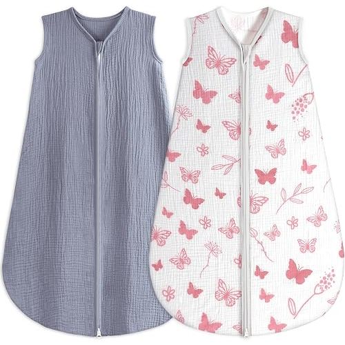 BSTOPPT 2 Pack Baby Sleep Sack 0-6 Months 100% Organic Cotton Muslin Baby Sleeping Bag 2-Way Zipper Wearable Blankets TOG 0.3 (Gray & Pink Butterfly, Small)