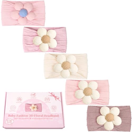 CÉLLOT 5 Pcs Baby Flower Headbands Baby Girls Nylon Headbands Soft Hairbands Hair Accessories for Newborn Infant Toddler Kids（Pink）