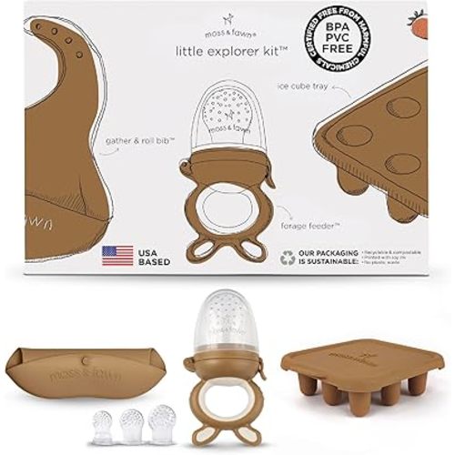 Moss and Fawn Little Explorer Kit - Silicone Frozen Breast Milk Popsicle Kit with Forage Feeder, Teething Popsicle Ice Cube Tray, & Gather & Roll Baby Feeding Bib - BPA, PVC, & Lead-Free - Foliage