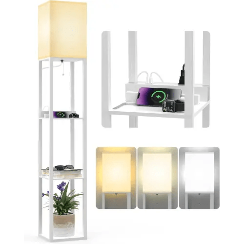 PAZZO Floor Lamp with Shelves, Shelf USB Floor Lamp, 3 Color Temperatures Solid Wood Floor Lamp with 2 Charging Ports and 1 Power Outlet, Lamps for Livingroom Bedroom, Bulb Included, White