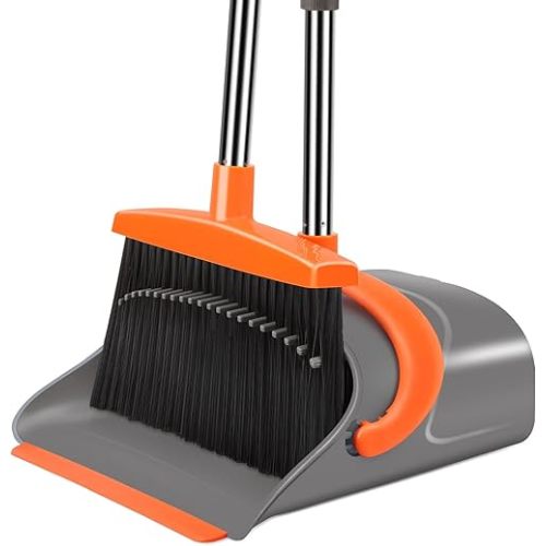 Broom and Dustpan Set for Home, Broom and Dustpan Combo for Office, Long Handle Broom with Upright Standing Dust pan,Indoor&Outdoor Sweeping (Gray&Orange)