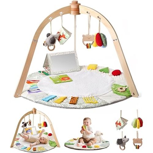 Wooden Baby Play Gym & Tummy Time Playmat – Montessori Sensory Activity Mat with 6 Developmental Toys for Fine Motor Skills – for Newborns to Toddlers (0–12M+)