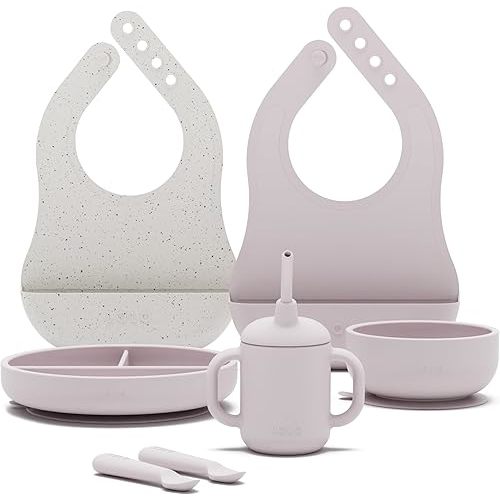 Lalo First Bites Silicone Baby Feeding Set - Baby Led Weaning Supplies - Non-Toxic Silicone - Includes 2 Bibs, 2 Spoons, Training Cup, Suction Plate and Bowl - 6 Pieces - Lavender