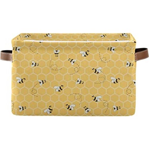 Cute Animal Bee Square Storage Basket Bin Canvas Fabric Compressible Organizer Basket with Handle for Bedroom Nursery Office, 1PCS