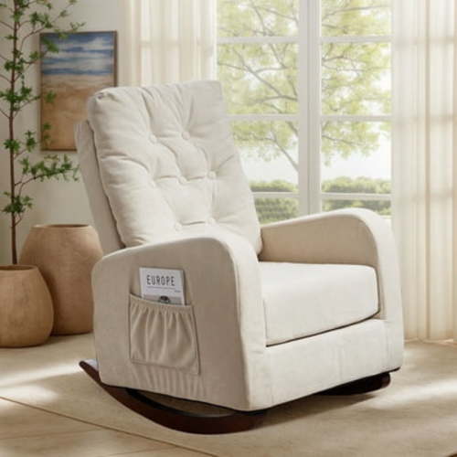 Upholstered Foldable High Back Indoor Rocking Chair with Solid Wood Legs and Side Pockets, Beige