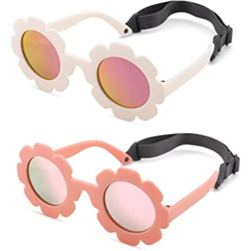 Bouryo Flexible Baby Polarized Flower Sunglasses with Strap Bendable Frame for Infant Boys Girls Ages 0-24 Months