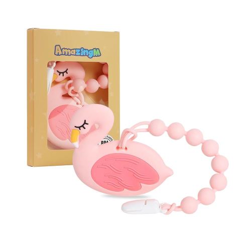 Baby Food Grade Silicone Teether Toy with One Piece Design Pacifier Clip Holder,Teething Pain Relief Toys Gift Set for 3 Months+ Boys and Girls,Freezer Safe,BPA Free. (Pink Flamingo)