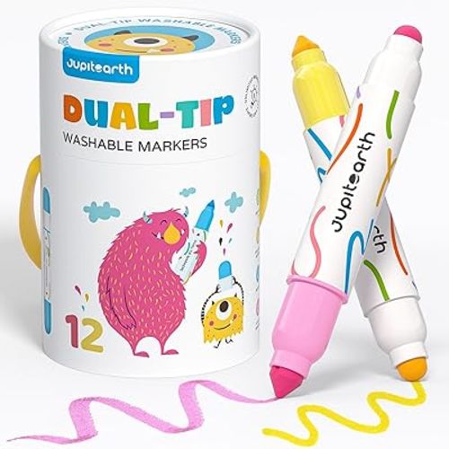 Washable Dual Tip Markers for Kids, Broad & Round Tip, Easy-Grip Design for Little Hands, 12 Vibrant Colors Toddler Markers with Portable Case, Ideal Christmas Gift for Kids Toddlers