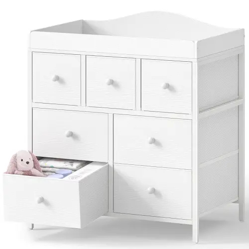 BOLUO Changing Table Dresser with 7 Fabric Drawers, Baby Dresser with Changing Table Top Diaper Changing Station with Storage for Nursery Modern