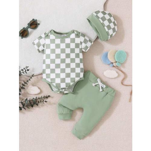 Baby Boy's Cute Plaid Short Sleeve Romper And Solid Color Pants Everyday Outfit