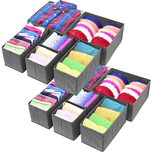 Simple Houseware Foldable Cloth Storage Box Closet Dresser Drawer Divider Organizer Basket Bins for Underwear Bras, Dark Grey, (Set of 12)