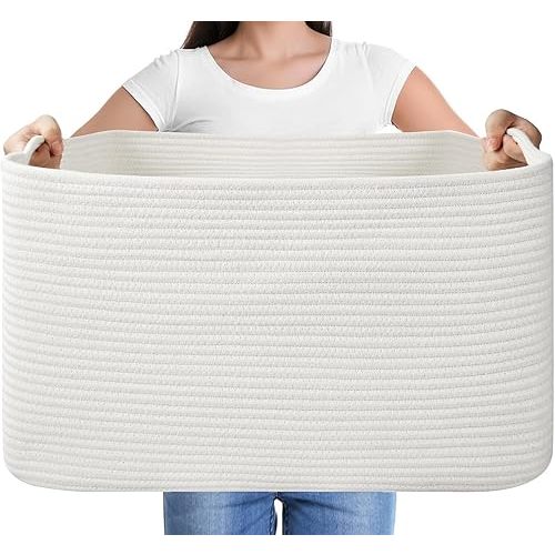 Large Blanket Basket, Rectangle Woven Baskets for Storage, Blanket Storage for Living Room, Cotton Rope Basket for Toys，Big Storage Basket for Blankets, Toy Bins for Kids Organizer - White